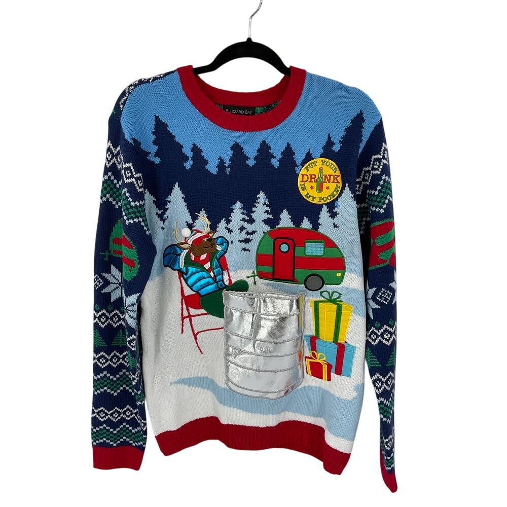 Blizzard Bay Ugly‎ Christmas Sweater Reindeer Camper Novelty Graphic M